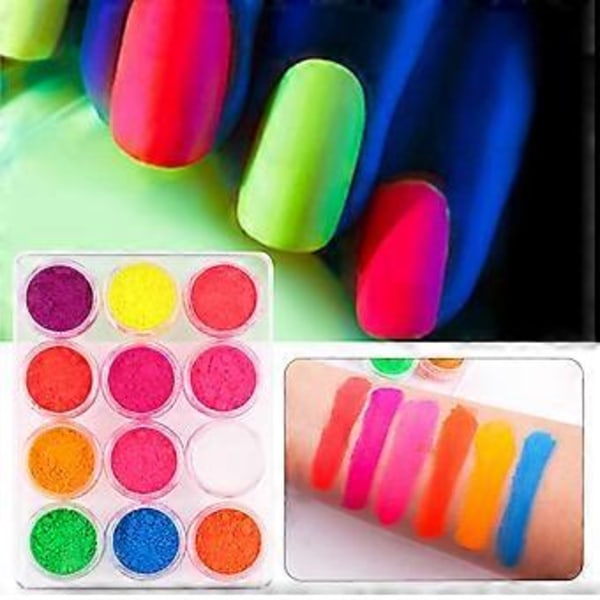 12 Färger Fluorescerande Pulver Mörkerglödande Ljusande Pigmentpulver Set Nagelpulver Ögonskugga