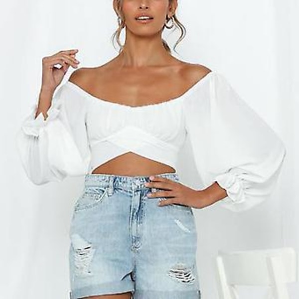 Naisten Söpö Olkapäät Paljaaksi Jättävä Röyhelöinen Kietaisumallinen Crop Top Joustavalla Hihansuulla Pitkät Muhkeat Hihat Solmittava Selkä Osa 2 M, Juhliin Ostoksille Matkoille Treffeille