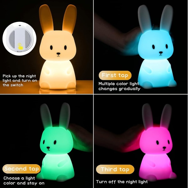 Kanin Nattlampa för Barnrum, 7 Färgförändrande LED Bärbar Touch Lampa med Timer, USB Laddningsbar Silikon Kanin Nattlampa för Baby C