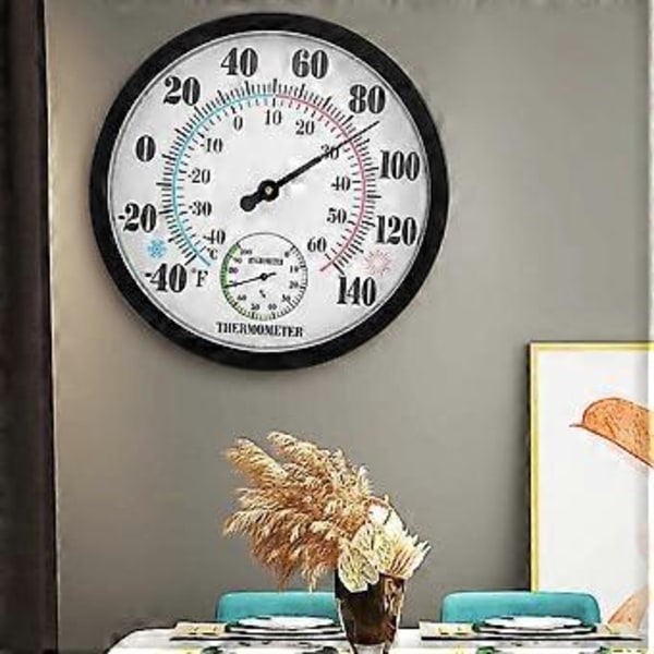 Indendørs Udendørs Termometer Have Væg Terrasse Vejr Termometer Hygrometer, Stort Tal 10 tommer i Diameter (Sort)