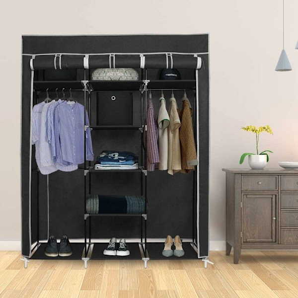 Fabric Wardrobe Canvas Garment Wardrobe Bedroom Furniture Clothes Storage Double Clothes Rods 150 45 175cm Black