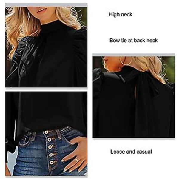 Dam Långärmad Puffärm Topp Skjorta Trendig Elegant Lös Casual Enfärgad Höghalsad Blus för Arbete Svart L