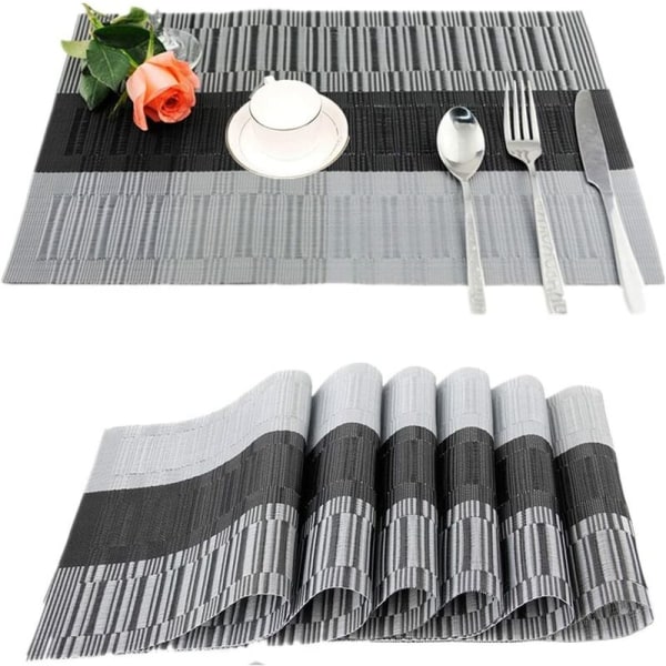6 st halkfria PVC bordstabletter Tvättbara bordstabletter (45x30cm) bordstabletter för kök, vardagsrum, trädgård eller matsal (svart-grå)