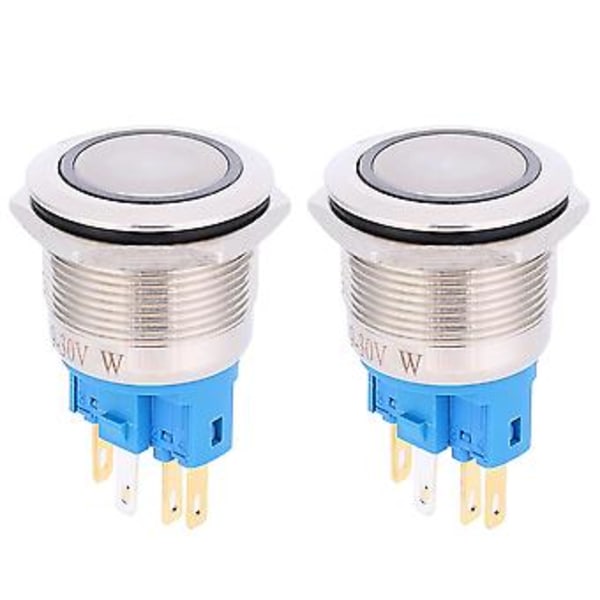 2st AC220V 22mm Ring Självlåsande 6-Pin Tryckknapp Rostfritt Stål Knapp Vit