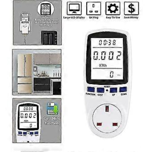 Elförbrukningsmätare, Elförbrukningsmätare, Energimätare, Timerkontakt, Watt, Kilowattimme Analysator Plug-in Brittisk Standard