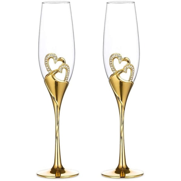 Champagneglas til bryllup med rhinstenskantede hjerter til bryllup, jubilæum og særlige lejligheder B