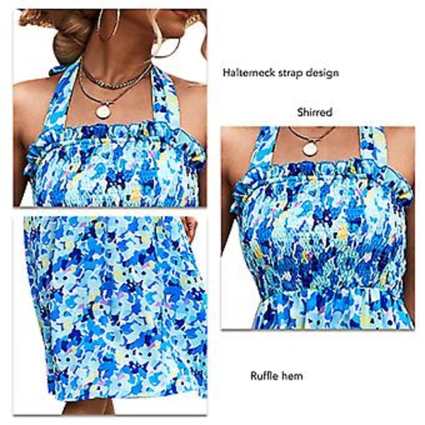 Trendig Blå Blommig Halterneck Klänning - Rygglös Volangkant Smock Elegant Sommarmode, XL