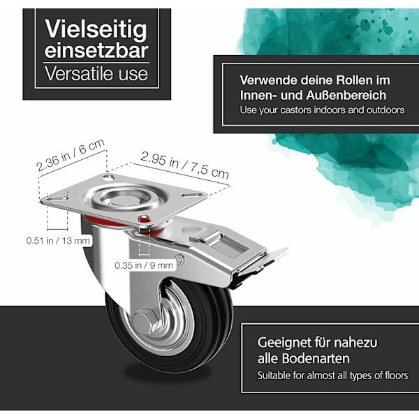 Sats med 4 tunga hjul 75 mm - Vridbara hjul med broms upp till 50 kg per hjul - Massiva gummihjul för inomhus- och utomhusbruk