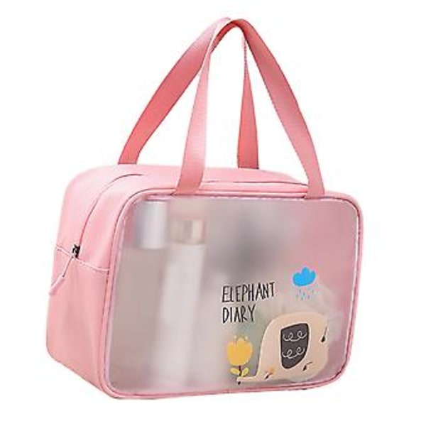 Kosmetikväska PU PVC Transparent Tecknat Mönster Handhållen Vattentät L Storlek Sminkväska för Simning Toalettartiklar Rosa
