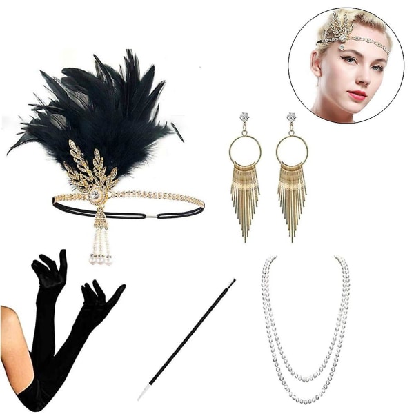 Set från 1920-talet - Pannband, örhängen, halsband, handskar, strumpbyxor, armband