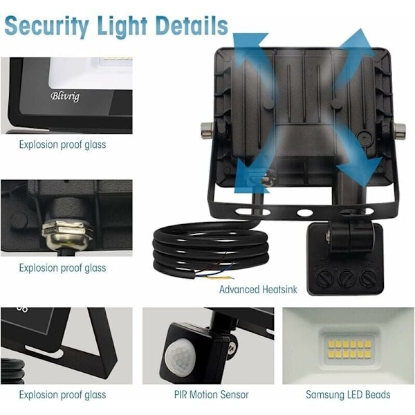 1PACK - 100W LED-strålkastare med rörelsesensor, kallvitt (6500K) 10000LM LED-strålkastare utomhus med sensor Vattentät IP66 Strålkastare LED utomhus säkerhet