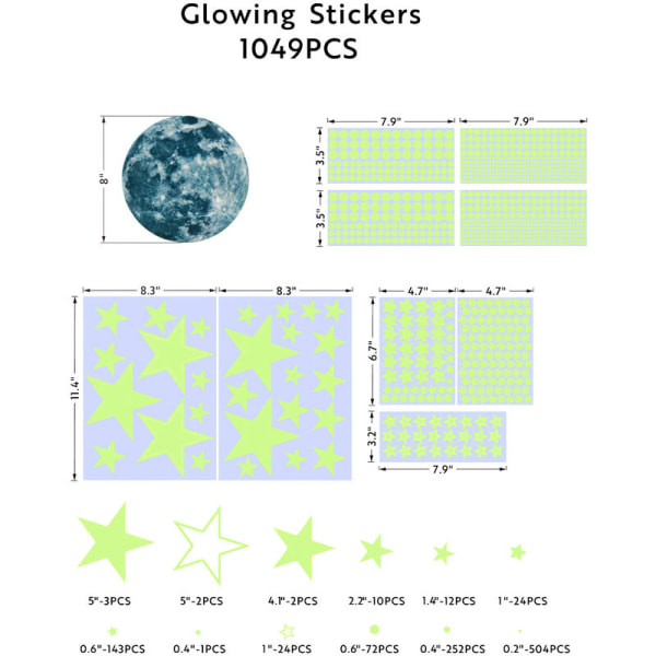 1049 kappaletta lasten seinätarroja, jotka hohtavat pimeässä, kuu- ja tähtitarrat, hohtavat seinätarrat, vauvan pojan tytön lapsen aikuisen makuuhuoneen kattokoriste