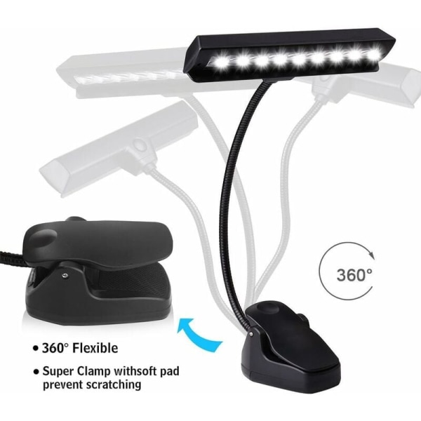 LED-skrivebordslampe, fleksibel USB-genopladelig klemme-natlys, 9 LED-lampe med justerbar lysstyrke til klaver, rejsebord og seng