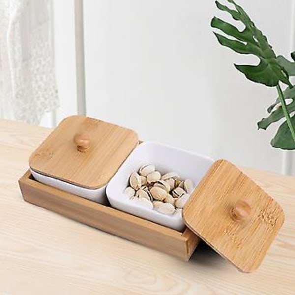 Keramisk serveringsfad til appetizers med bambuslåg til frugt, nødder og desserter (2 rum)