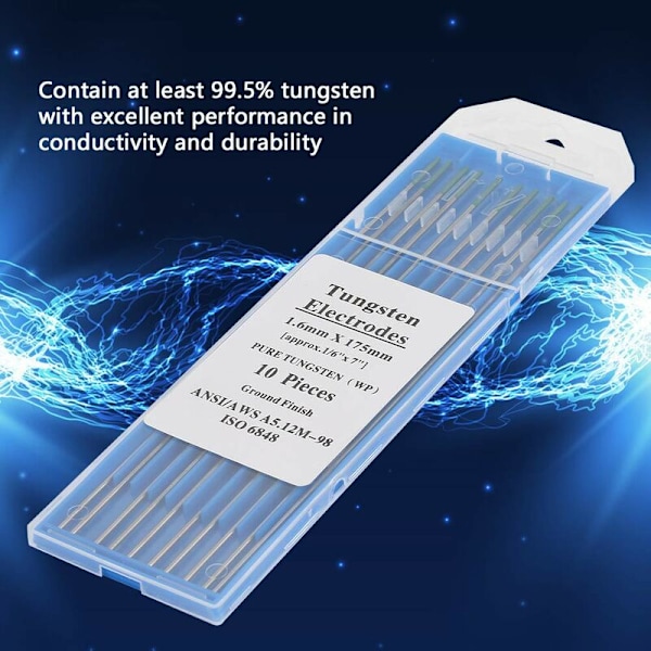 10 kpl puhdasta WP-volframielektrodia vihreällä kärjellä AC Tig -hitsaukseen, 1,0/1,6/2,0/2,4/3,2 mm ammattimaiset volframielektrodit (1,6 mm 175 mm)