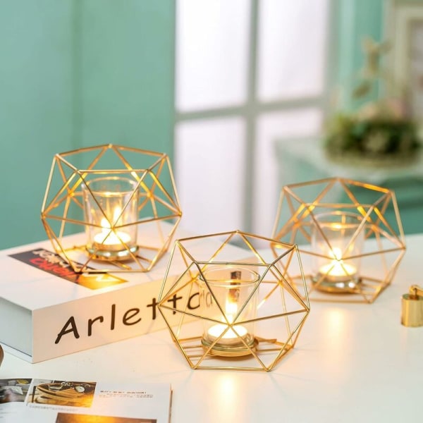 Guldljusstake - Set med 2 bröllopsljusstakar Mittpunkt för geometriska ljus Modern design för födelsedag Heminredning M