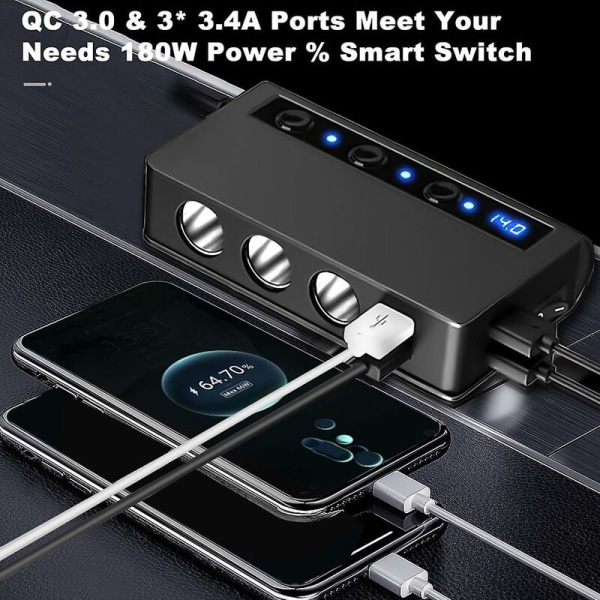 180w Splitter Quick Charge 3.0 billaddaradapter 12v/24v 4-portars USB laddningsuttag för telefon
