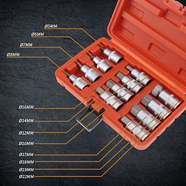 12 stk 1/2\" CR-V forkrommet sekskant slagverktøysett H5 til H22 - Lengde 55mm