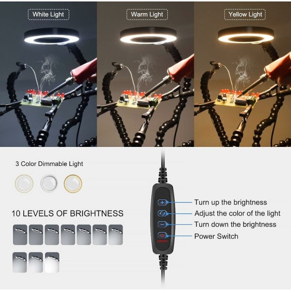 Lödklämmor, Lödverktygssatser med 5 Flexibla Metallarmar, 3X USB-Förstoringsglas med 3 Justerbara Ljusfärger för Elektronik