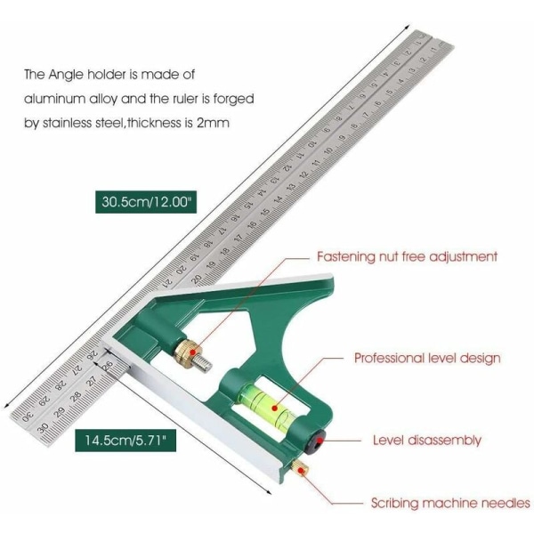 Firkant Kombinations Universal Justerbar Rustfrit Stål Multifunktion Højre Vinkel Måleværktøj - 12\" (30cm, Grøn)