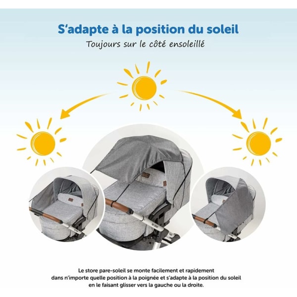 Universell babysolseil for barnevogn, barnevogn, vogn og barnevogn Solseil med UV-beskyttelse 50+ og opp og ned skyvefunksjon