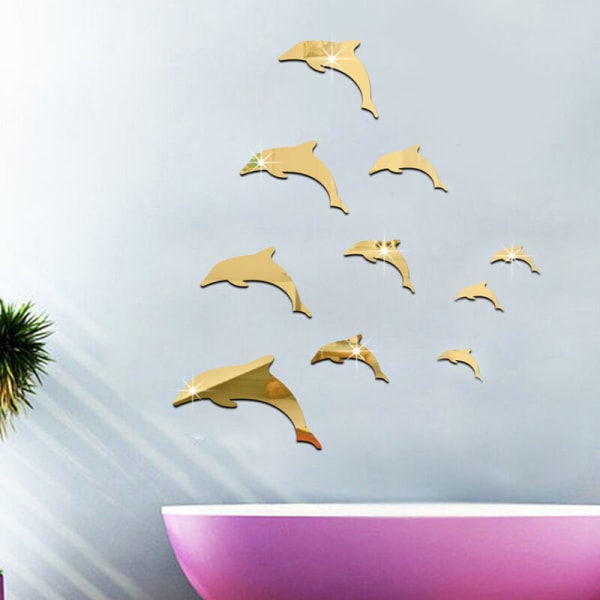 3D Delfin Akryl Speil Klistremerke, Hjemmedekor Selvklebende Fjernet Veggklistremerke Gull