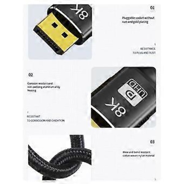Mini DP til DP 1.4 Adapterkabel 8K 60Hz Videodatakabler for Skjerm 2 Meter