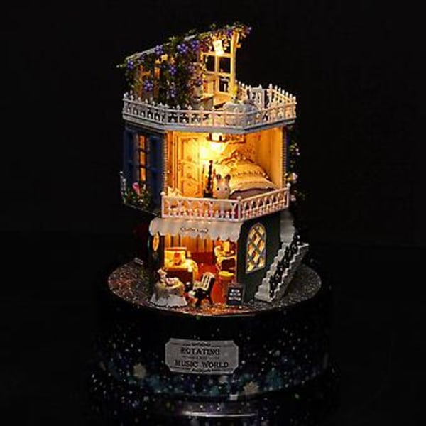 Kreativt DIY Dukkehus Drømmehus Miniature med Roterende Musikboks Støvdække LED Lys
