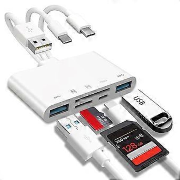 Minnekortleser 5-i-1 SD-kortleser USB OTG-adapter med ladeport for //Android/PC/Nettbrett/Kamera