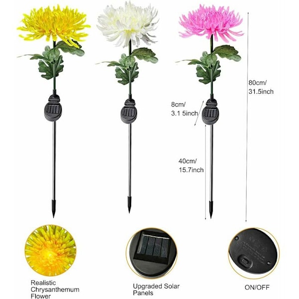 3 pakker solcelleblomsterlys, LED solcellekrysantemlys IP65 vandtæt udendørs, automatisk tænd/sluk, solcelleblomsterlyslampe landskabskunstblomst Li