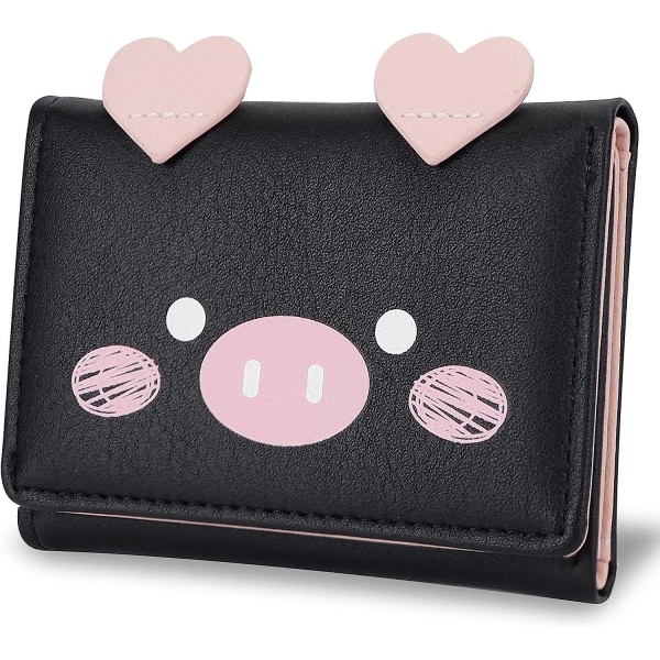 Søt slank skinnlommebok for kvinner - liten trefoldet lommebok med ID-vindu (gris, svart)