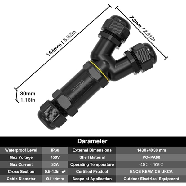 IP68 vedenpitävät kaapeliliittimet - 3-tie haaroitusrasia - 3-napainen - Ulkotilojen vedenpitävä liitäntä puutarhaan - Kaapelin haara Ø4-14mm，Vedenpitävä ja turvallinen