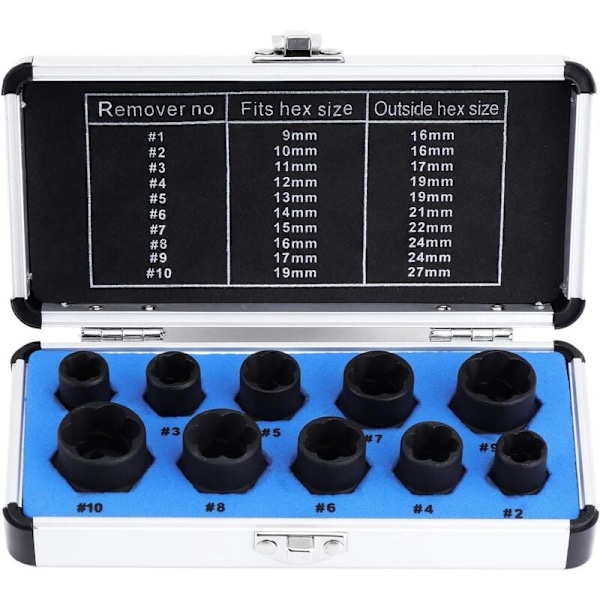 Sæt med stiknøgler, møtriktrækker, stiknøgle til beskadiget boltekstraktor 9-19 mm (10 stk.)