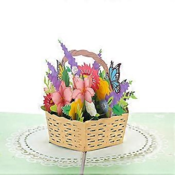 Blomsterkorg PopUp-kort, 3D-gratulationskort för Mors dag, Alla hjärtans dag, Tänker på dig, Tack, Bröllop