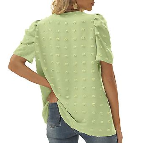 Sommar V-ringad Puffärm T-shirt Dam Lös Casual Schweizisk Prick Kortärmad Blustopp för Dejting Grön L