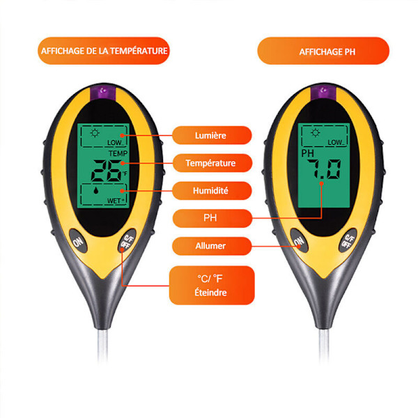 Jord pH, fugtighed, lys, fire-i-en temperaturdetektor, have pH-tester (uden batteri)
