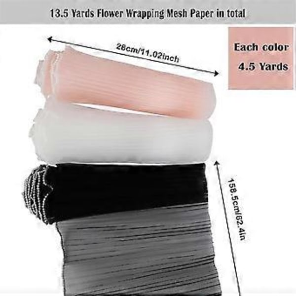 12,3 meter Blomsterinslagningsnätpapper, Bukett Blomsterförpackningspapper med Pärlkant, (Svart, Vit, Rosa)