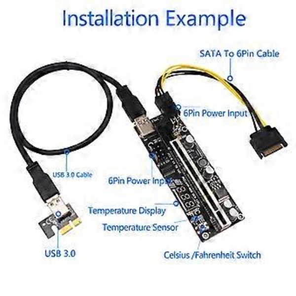 Forlenger for GPU Mining Temperatur Stiger Adapter Vedio Kort USB 3.0 Kabel 6PIN