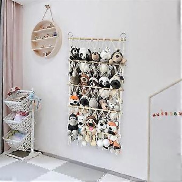 Veggoppheng Organizer Kosedyr Leke Nett Hengekøye Barnerom Plysj Lekeoppbevaring Boho Macrame, Blå