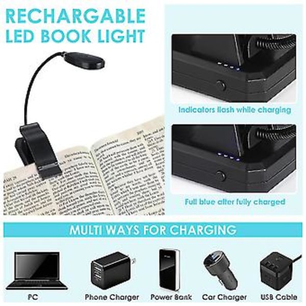 FBA Monopolys Trefarget temperatur boklampe med klips, innebygd batteri 1000 mAh, svart type USB-lading, enkel hodelykt