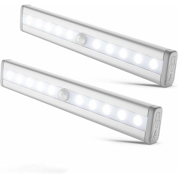 Sæt med 2 LED-natlamper med bevægelsessensor, skabsbelysning, LED-strip, selvklæbende, drevet af AAA-batterier (ikke inkluderet)