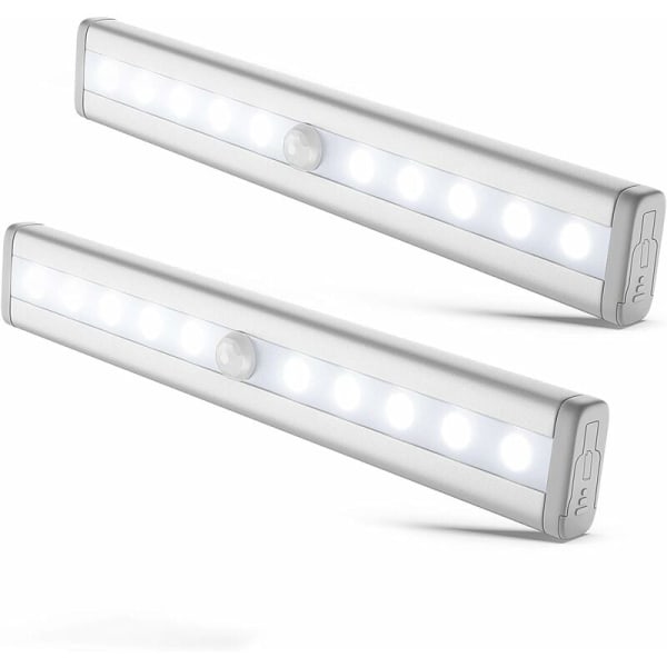 Set med 2 LED-nattlys med bevegelsessensor, skapbelysning, LED-stripe, selvklebende, drevet av AAA-batterier (ikke inkludert)