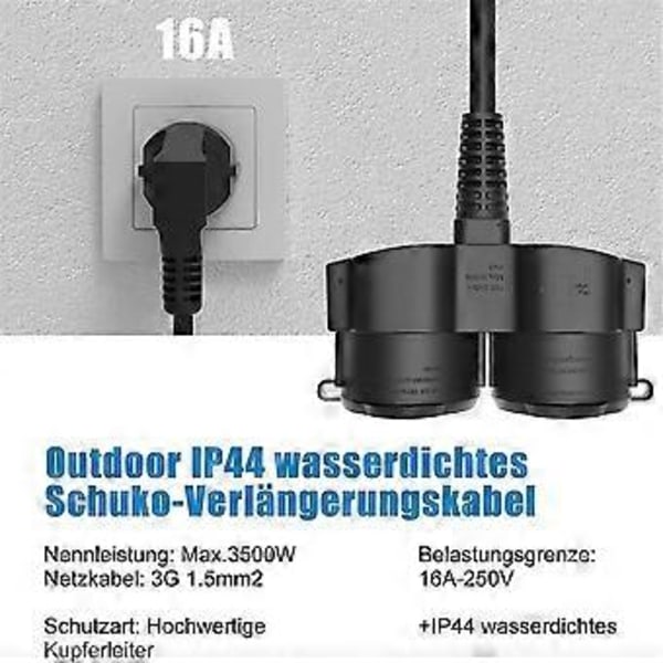Kaksoispistorasia, Jatkojohto 2 Schuko-pistorasialla, Monipistorasia Ulkokäyttöön, 16 A / 250 V, EU-pistoke