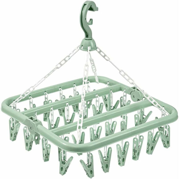 Sock Drying Rack med 32 klämmor Hängande torkställ Kan roteras och vikas 360¡ã Grön