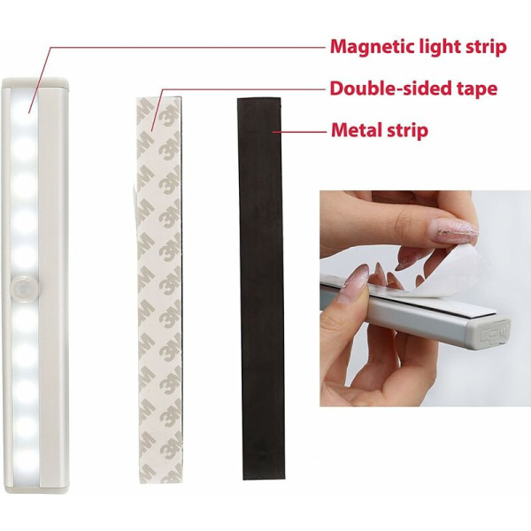 Set med 2 LED-nattlys med bevegelsessensor, skapbelysning, LED-stripe, selvklebende, drevet av AAA-batterier (ikke inkludert)