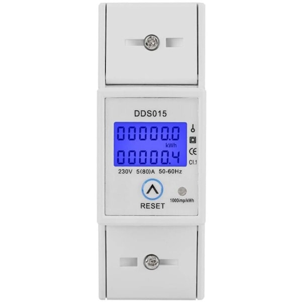 LCD-baggrundsbelyst enfaset energimåler, DIN-skinnemonteret KWh-måler DDS015, wattmeter (230V 5-80A 50Hz)