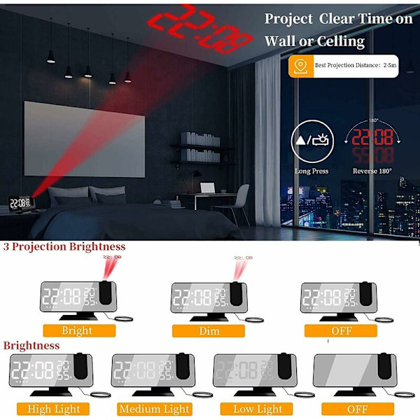 Projektionsväckarklocka, Sängklocka med FM-radio, Digital klocka med USB-laddningsport, Snooze, 7 \"LED-spegelsdisplay, 4 justerbar