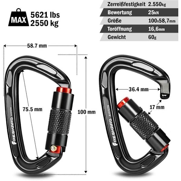 Klatrekarabiner, automatisk låsende karabiner, 25kN-2550kg, CE-certificeret, solid, til bjergbestigning, hundeline, boksebold, brandmand, hængekøje