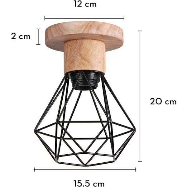 2 stk. Industriell taklampe, innfelt taklampe, pendellampe, metalltre, hengelampe for gang, soverom, trapp, svart