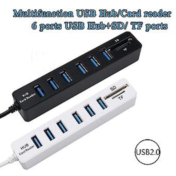 USB Hub 6 Port USB 2.0 Data Hub Splitter USB Förlängning Lagring Minneskortläsare för PC Laptops